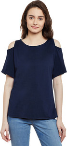 Miss Chase Casual Short Sleeve Solid Women's Dark Blue Top