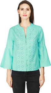 Gudi Casual Bell Sleeve Embroidered Women Blue Top