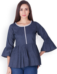 Vea Kupia Casual Bell Sleeve Solid Women Dark Blue Top
