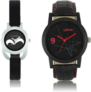 LOREM WAT-W06-0008-W07-0016-COMBOLOREMBlack::Black Designer Stylish Shape Best Offer Combo Couple Watch - For Men & Women
