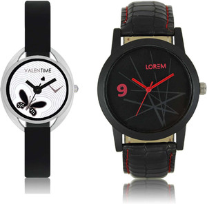 LOREM WAT-W06-0008-W07-0001-COMBOLOREMBlack::White Designer Stylish Shape Best Offer Combo Couple Watch - For Men & Women