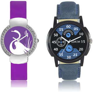 LOREM WAT-W06-0002-W07-0022-COMBOLOREMBlack::Blue::Purple Designer Stylish Shape Best Offer Combo Couple Watch - For Men & Women