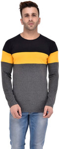 Fashion On Sky Striped Men Round Neck Yellow, Grey, Black T-Shirt