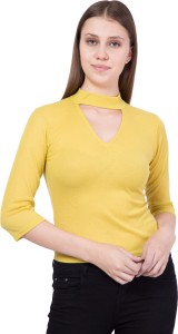 Khhalisi Party 3/4th Sleeve Solid Women's Yellow Top