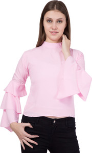 Khhalisi Party Bell Sleeve Solid Women's Pink Top