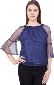 Khhalisi Party Bell Sleeve Embellished Women's Dark Blue Top