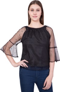 Khhalisi Party 3/4th Sleeve Embellished Women's Black Top