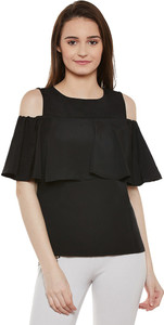 Miss Chase Casual Puff Sleeve Solid Women's Black Top