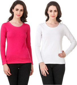 Clo Clu Solid Women Round Neck White, Pink T-Shirt