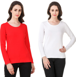 Clo Clu Solid Women Round Neck White, Red T-Shirt