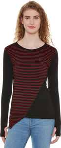 Hypernation Striped Women Round Neck Red, Black T-Shirt