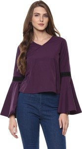 Woowzerz Casual Bell Sleeve Lace Women Purple Top