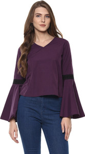 Woowzerz Casual Bell Sleeve Lace Women Purple Top
