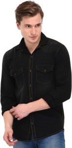 Lafantar Men's Solid Casual Denim Black Shirt