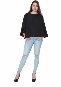 LAVENNDER Casual Butterfly Sleeve Solid Women's Black Top