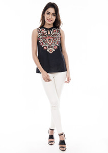 Amadore Casual Sleeveless Printed Women Black Top