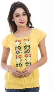 Amadore Casual Half Sleeve Embroidered Women Yellow Top