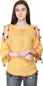 INDI & SURIT Casual 3/4th Sleeve Solid Women Yellow Top