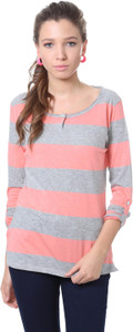 People Striped Women Round Neck Grey T-Shirt