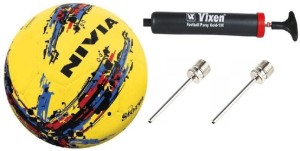 nivia combo of 3, storm football (yellow) size-5, vixen pump, and needle football - size: 5(pack of 1, multicolor)