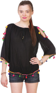 Myshka Casual 3/4th Sleeve Solid Women's Black Top