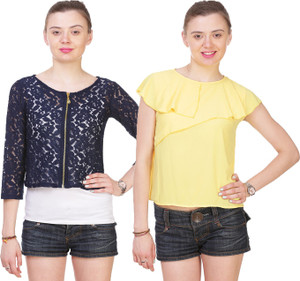 Myshka Casual 3/4th Sleeve Embroidered Women's Yellow, Blue Top