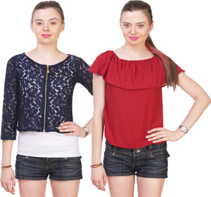 Myshka Casual 3/4th Sleeve Embroidered Women's Red, Blue Top