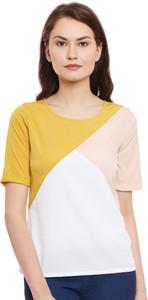Popnetic Casual Half Sleeve Color Blocked Women White Top