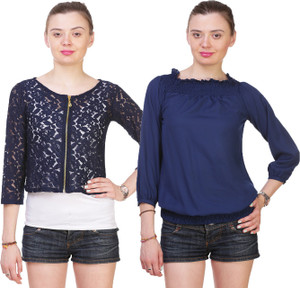 Myshka Casual 3/4th Sleeve Embroidered Women's Blue Top