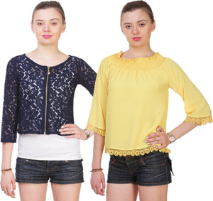 Myshka Casual 3/4th Sleeve Embroidered Women's Blue, Yellow Top