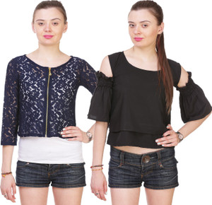 Myshka Casual 3/4th Sleeve Embroidered Women's Blue, Black Top