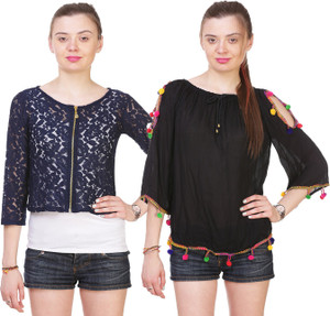 Myshka Casual 3/4th Sleeve Embroidered Women's Black, Blue Top