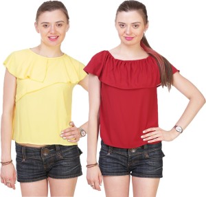 Myshka Casual Short Sleeve Solid Women's Yellow, Red Top