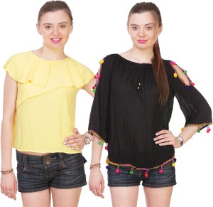 Myshka Casual Short Sleeve Solid Women's Black, Yellow Top