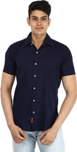 BASE 41 Men's Solid Casual Linen Blue Shirt