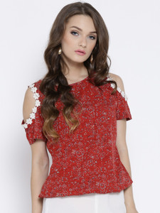 Rare Casual Short Sleeve Printed Women Red Top