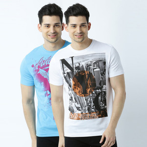 Huetrap Printed Men's Round Neck Light Blue, White T-Shirt