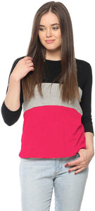 ALC Creations Solid, Striped Women Round Neck Black, Grey, Pink T-Shirt