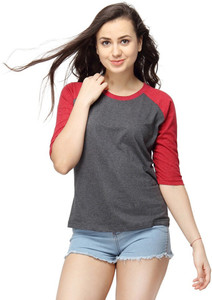 ALC Creations Solid, Striped Women Round Neck Maroon, Grey T-Shirt