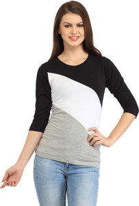 ALC Creations Striped Women Round Neck Black, White, Grey T-Shirt