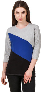 ALC Creations Striped Women Round Neck Grey, Blue, Black T-Shirt