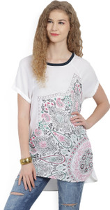 People Casual Half Sleeve Printed Women White Top
