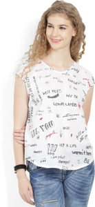 People Casual Cap Sleeve Printed Women White Top