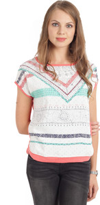 People Casual Short Sleeve Printed Women White, Pink Top