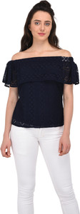 MODERNO Party Sleeveless Self Design Women's Dark Blue Top
