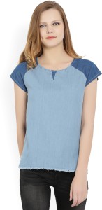 People Casual Short Sleeve Solid Women Blue Top