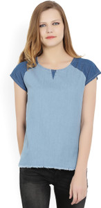 People Casual Short Sleeve Solid Women Blue Top