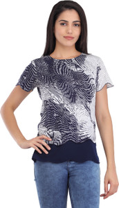 Cottinfab Casual Short Sleeve Printed Women Blue Top