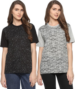69GAL Printed Women Round Neck Grey, Black T-Shirt