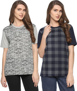 69GAL Printed Women Round Neck Grey, Dark Blue T-Shirt